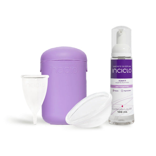 Coletor Menstrual + Disco Menstrual+ Cápsula Esterilizadora Lavanda + Espuma de Limpeza Inciclo