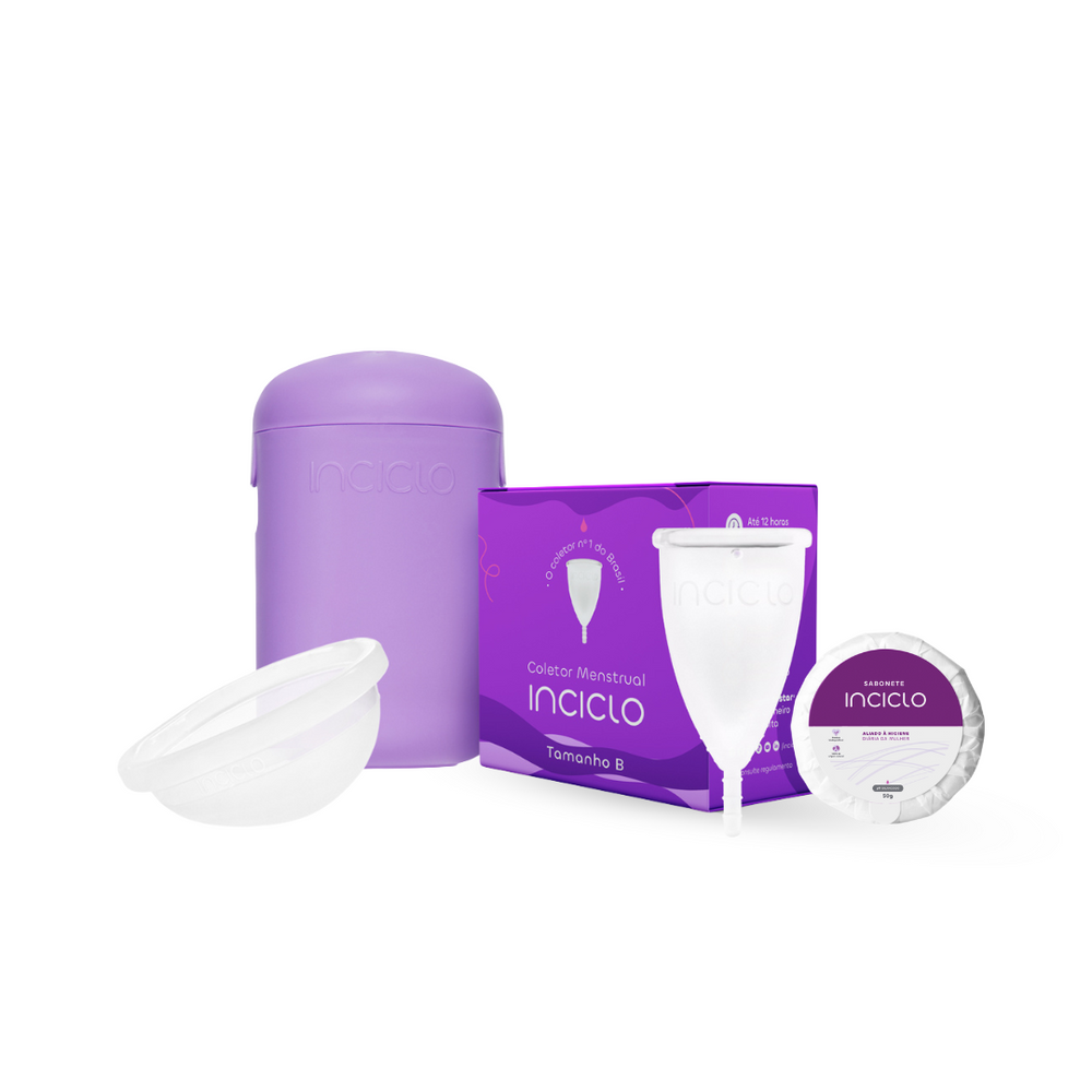 Coletor Menstrual + Disco Menstrual+ Cápsula Esterilizadora Lavanda + Sabonete Íntimo em Barra Inciclo - Loja Inciclo