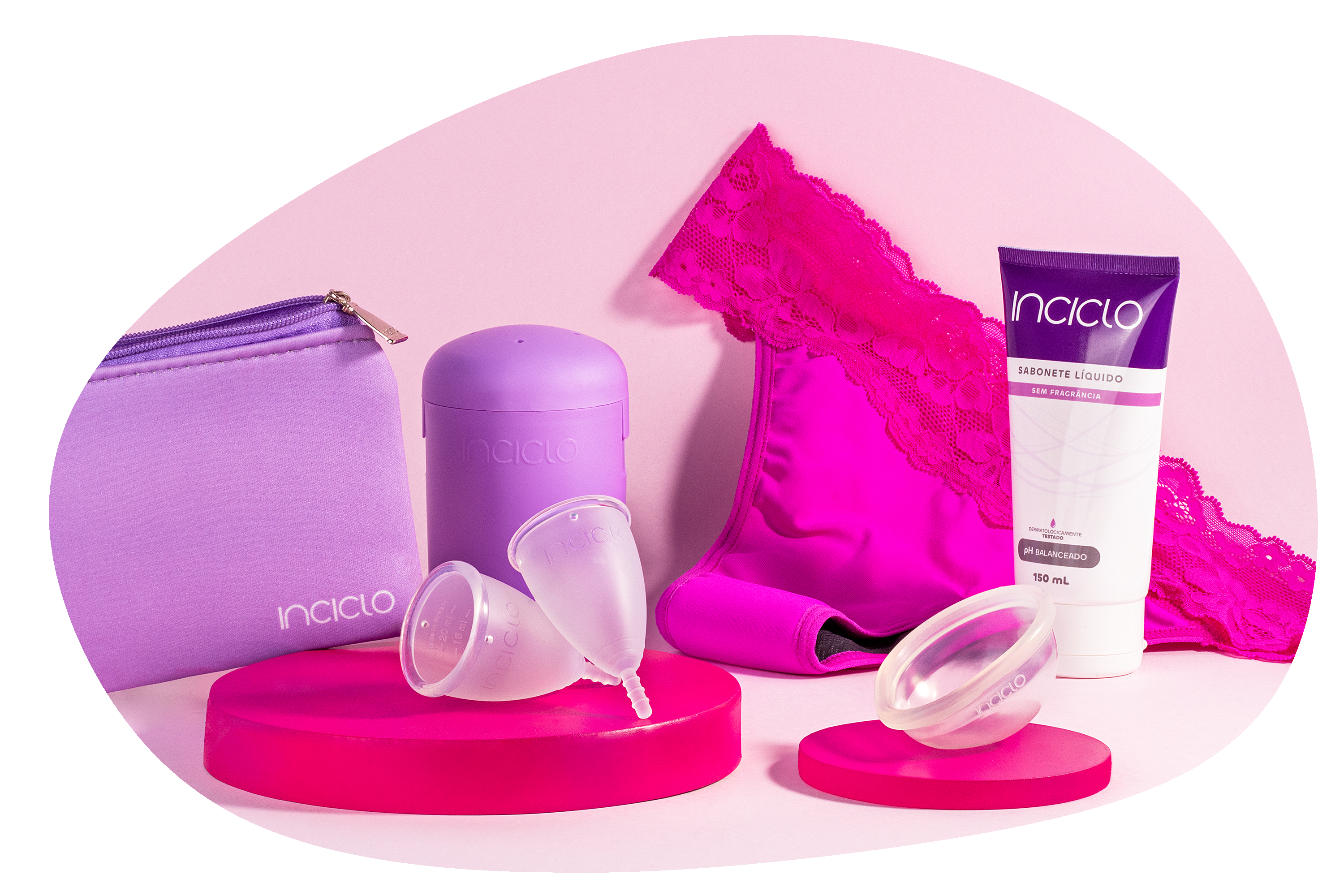 Kit Inciclo, com Calcinhas Absorventes, Cápsula Esterilizante, Disco Menstrual, Necessaire, Coletor Menstrual, Sabonete Líquido Íntimo Inciclo